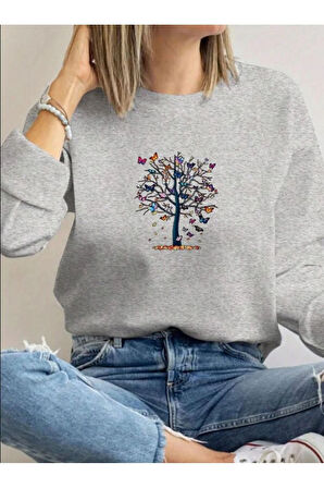 Mini Kelebekler Baskılı Bisiklet Yaka İçi Polarlı Sweatshirt