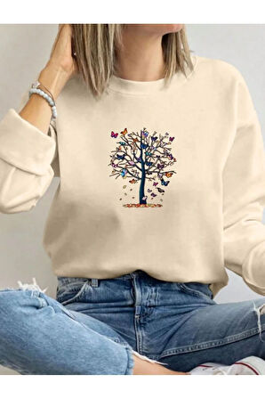 Mini Kelebekler Baskılı Bisiklet Yaka İçi Polarlı Sweatshirt