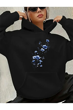 Mavi Çiçekler Baskılı Kapüşonlu Sweatshirt
