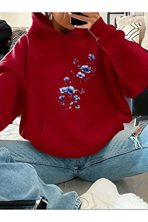 Mavi Çiçekler Baskılı Kapüşonlu Sweatshirt