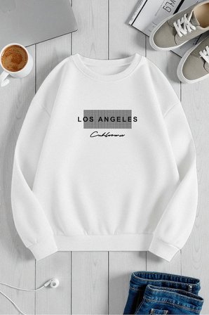 Unisex Los Angeles Tasarım Baskılı Bisiklet Yaka Sweatshirt