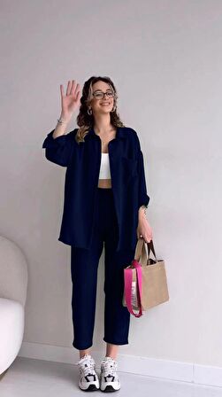 Barbora Keten Günlük İkili Takım Elbise Pantolon Gömlek Ln21lacivert9