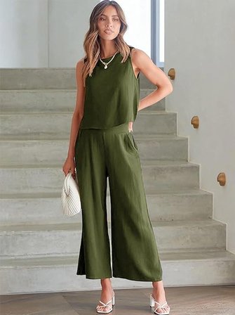 Barbora Keten Yazlık Yüksel Bel Capri Pantolon Sırt Detaylı Kolsuz İkili Takım Ln26haki3