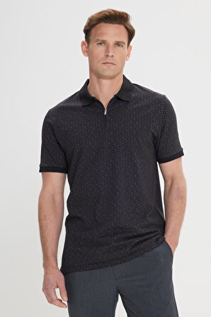 Erkek Siyah Slim Fit Dar Kesim Fermuarlı Yaka %100 Pamuk Baskılı Tişört