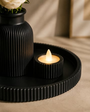 Siyah 3'lü Dekoratif Vazo Seti | Çizgili Vazo, Tepsi ve Mumluk | Modern Ev Dekoru
