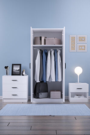 2 Kapılı 1 Çekmeceli Gardırop + Komodin + 3 Çekmeceli Şifonyer Takım / Beyaz
