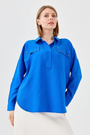 Kadın Polo Yaka Cepli Bluz Saks