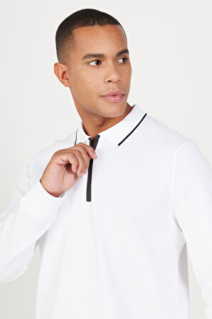 Erkek Beyaz Slim Fit Dar Kesim Polo Yaka %100 Pamuk Petekli Tişört