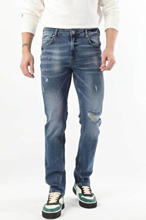 Erkek Dizi Yırtık Boyalı Jean Pantolon Mavi