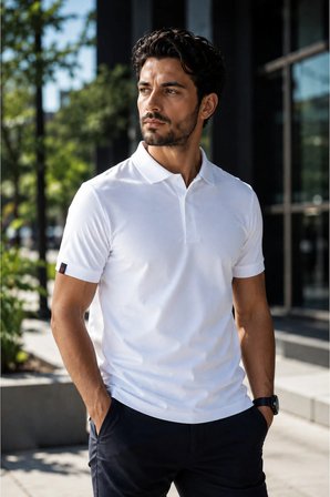 Erkek Polo Yaka Beyaz Tişört Likralı Pike Kumaş Terletmez Slim Fit Günlük Şık Tasarım
