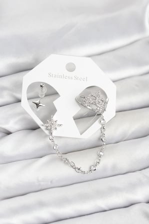 Kutup Yıldızı Model Pirinç Gümüş Renk Zincir Bağlantılı Ear Cuff Küpe Seti