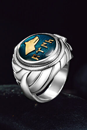 Erkek Gümüş Yüzük - Göktürkçe Türk Yazılı Bozkurt İşlemeli Kılıç Temalı Erkek Yüzük