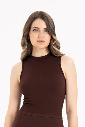 Formeasy Kadın Dikişsiz Örme Fitilli Kolsuz Boğazlı Bluz