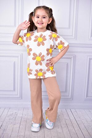 ÇİÇEK DESENLİ OVERSİZE T-SHİRT FİTİLLİ DÜZ TAYT KIZ ÇOCUK ALT ÜST TAKIM