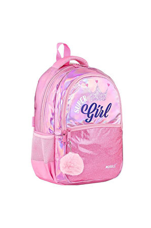 Pembe Super Girl Taçlı Kız Okul Çantası Sırt Çanta 39 x 28 x 14 cm