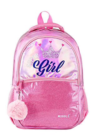 Pembe Super Girl Taçlı Kız Okul Çantası Sırt Çanta 39 x 28 x 14 cm