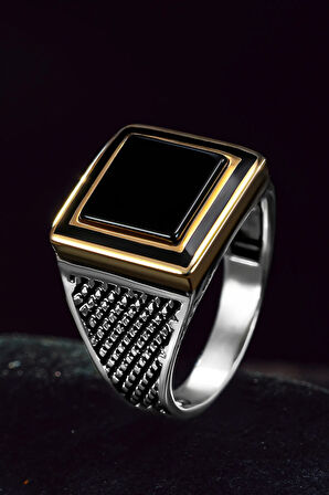 Erkek Gümüş Yüzük - Düz Siyah Oniks Taşlı Kare Model Erkek Yüzük