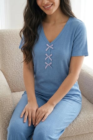 Kadın Bambu Viskon Transfer Ribana Kısa Kollu Düğmeli Biyeli Soft Örme Pijama Takımı