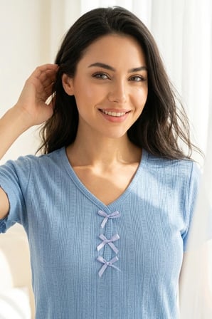 Kadın Bambu Viskon Transfer Ribana Kısa Kollu Düğmeli Biyeli Soft Örme Pijama Takımı
