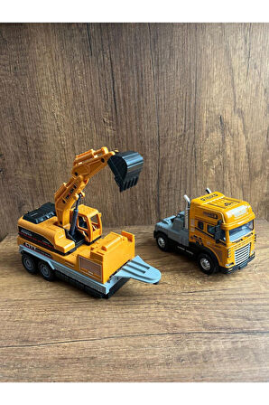 Işıklı Sesli 4'lü Set Vinç Kamyon Ekskavatör Beton Mikseri Oyuncak İnşaat Araçları Seti 32 Cm
