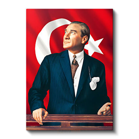 Türk Bayrağı Önünde Atatürk - Kürsüde Lider Kanvas Tablo