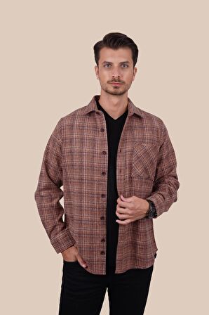 Kiremit Hasır Desenli Oversize Erkek Gömlek