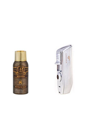 Cohiba Gümüş Üç Torch Çakmak ve Bodega Premium Gazli Bütan Gaz 100ml Seti