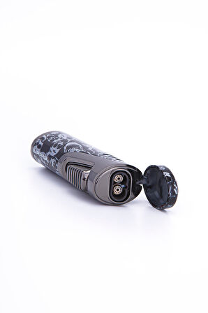 Parmida Skull Design Çift Torch Pürmüz Siyah Metal Puro Çakmağı