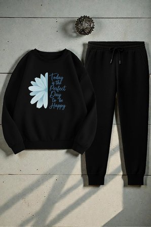 Unisex Today is The Perfect Tasarım Basklı Bisiklet Yaka Sweatshirt - 2'li Eşofman Takımı
