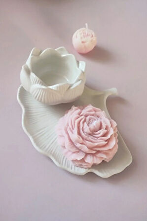 3'lü Dekoratif Lotus Boş Kutu, Şakayık Soya Mum ve İstiridye Tabak Seti