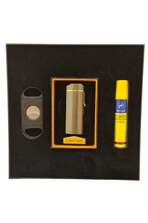 PremiumQuality Çakmak Kesici Gaz Gunmetal Üçlü Puro Seti