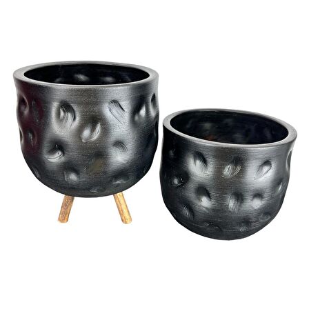 Ev Dekorasyon Aksesuar Siyah Desenli Toprak Saksı Saksılık Salon Çiçeklik İkili Set Ayaksız - 3 Ayaklı- 19 CM