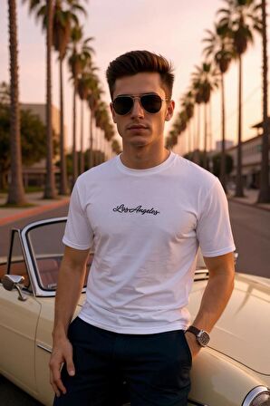 Erkek  Slim Fit Los Angeles Baskılı Pamuklu T-Shirt