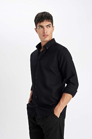 DeFacto Modern Fit Polo Yaka Petek Dokulu Basic Düz Uzun Kollu Siyah Gömlek B7383AX24SPBK27