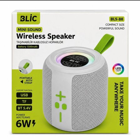 Blic BLS-88 Taşınabilir Hoparlör Gri 6W Bluetooth 5.4 LED Işıklı 1500 mAh