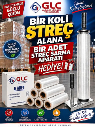 6 Adet (1 Koli) 17 Mikron 300 mt Palet Streç Film Alımına 1 Adet Streç Sarma Aparatı Hediye
