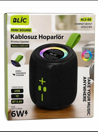Blic BLS-88 Taşınabilir Hoparlör Mini LED Işıklı Bluetooth 5.4 6W 1500 mAh Siyah