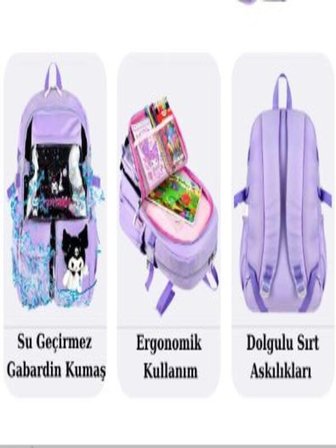 TRG POLO Lila Renk Kuromi Kawaii Kore Tarzı Aksesuarlı Çok Bölmeli Çocuk Okul Çantası