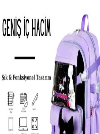 TRG POLO Lila Renk Kuromi Kawaii Kore Tarzı Aksesuarlı Çok Bölmeli Çocuk Okul Çantası