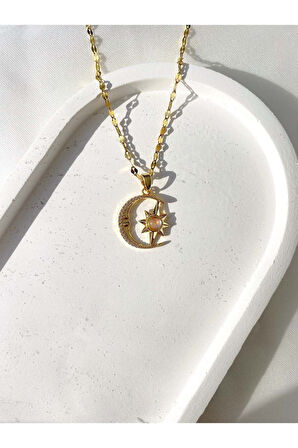 Kadın Paslanmaz Çelik Opal Taşlı Gold Hilal Yıldız Kolye Kolye Aksesuar Şık Takı