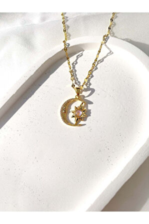 Kadın Paslanmaz Çelik Opal Taşlı Gold Hilal Yıldız Kolye Kolye Aksesuar Şık Takı