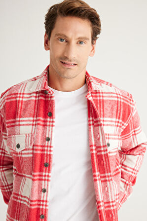 Erkek Kırmızı Ekru Oversize Bol Kesim Düğmeli Yaka Kareli Gömlek Ceket