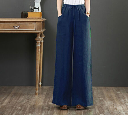 Barbora Keten Günlük Pantolon Beli Lastikli Bağcıklı Ln12lacivert9