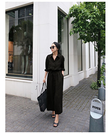 Barbora Keten Günlük Rahat Beli Bağcık Detaylı Uzun Kol Elbise LN07SİYAH9