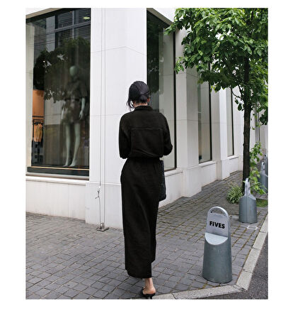 Barbora Keten Günlük Rahat Beli Bağcık Detaylı Uzun Kol Elbise LN07SİYAH9