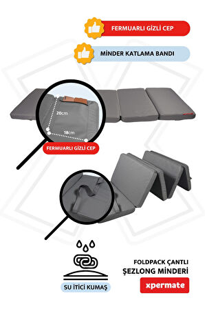 XPERMATE Katlanır Şezlong Minderi Fermuarlı Çantalı Cepli FoldPack 30x60x35cm Antrasit 