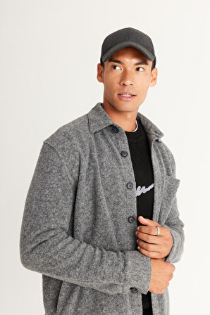 Erkek Gri Oversize Geniş Kesim Klasik Yaka Yünlü Kırçıl Desenli Flanel Gömlek Ceket