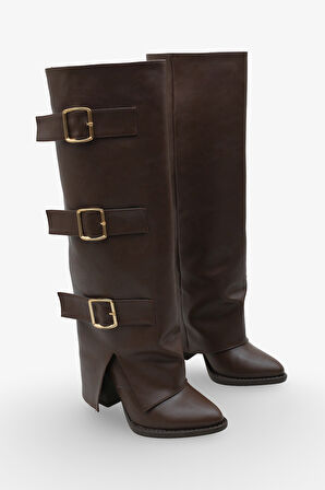 Kadın Kemer Detaylı Sivri Burun Çizme Asse Kahve