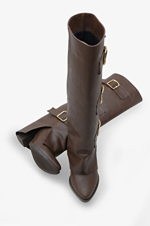 Kadın Kemer Detaylı Sivri Burun Çizme Asse Kahve