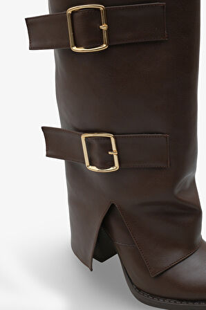 Kadın Kemer Detaylı Sivri Burun Çizme Asse Kahve